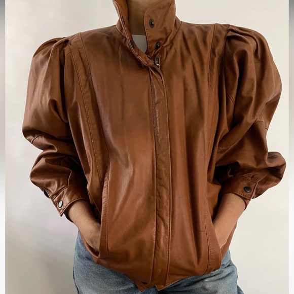 Vintage Georgetown Leather Tan Leather 80s Pleated Dolman Puff Sleeve Jacket - S - Picture 16 of 16